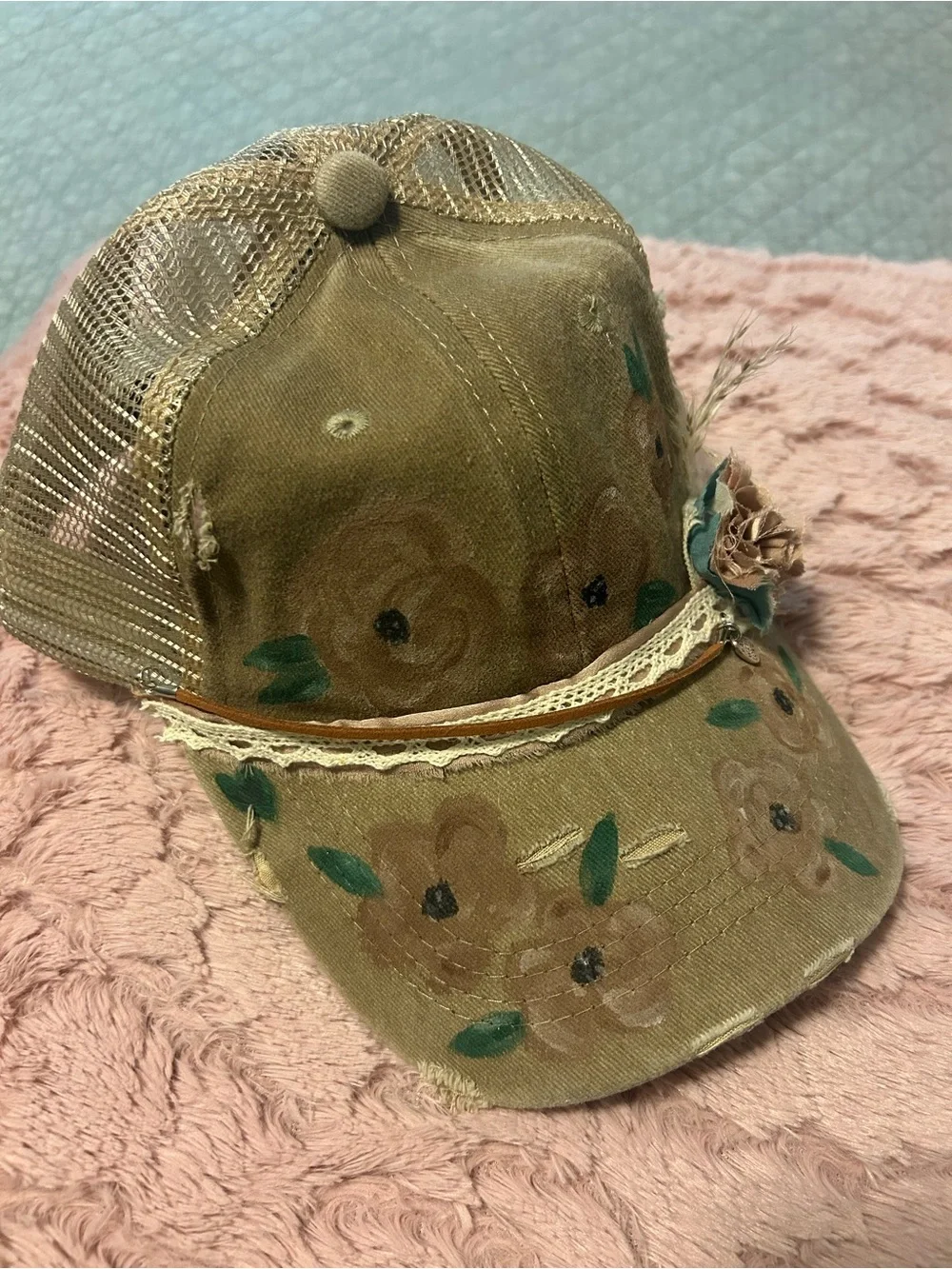 Custom Designed Tan Trucker Hat with Lace Trim